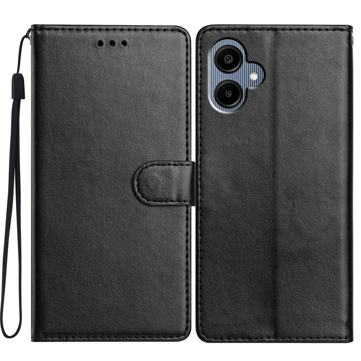 For Samsung Galaxy A06 Leather Phone Case Wallet Stand Cover with Handy Strap - Black
