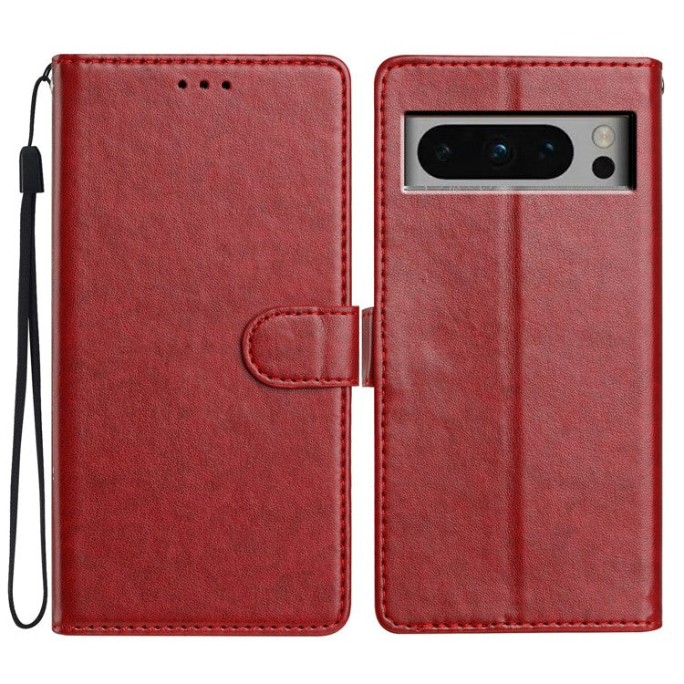 For Google Pixel 8 Pro Leather Phone Case Wallet Stand Cover with Handy Strap - Red