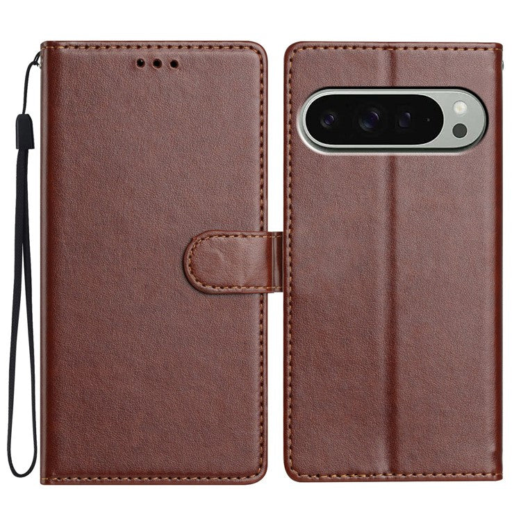 For Google Pixel 9 Pro  /  Pixel 9 Leather Phone Case Wallet Stand Cover with Handy Strap - Brown