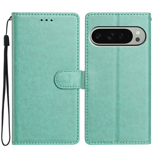 For Google Pixel 9 Pro  /  Pixel 9 Leather Phone Case Wallet Stand Cover with Handy Strap - Green