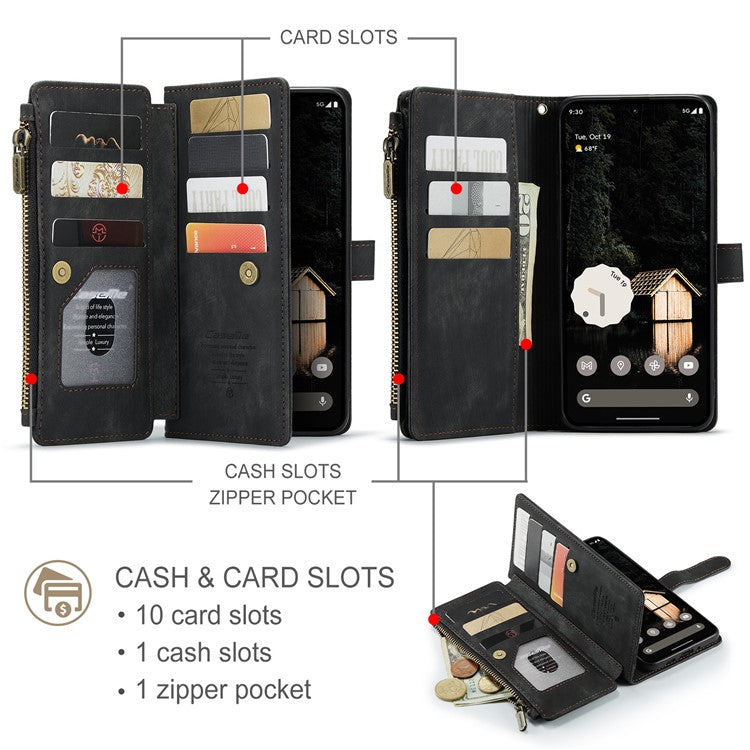 CASEME C30 Series for Google Pixel 9 Pro XL Case Leather Phone Cover with 10 Card Holder Zipper Pocket - Black