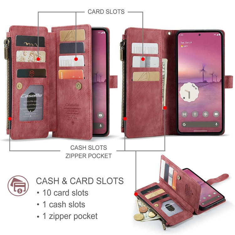 CASEME C30 Series for Google Pixel 9 Pro XL Case Leather Phone Cover with 10 Card Holder Zipper Pocket - Red