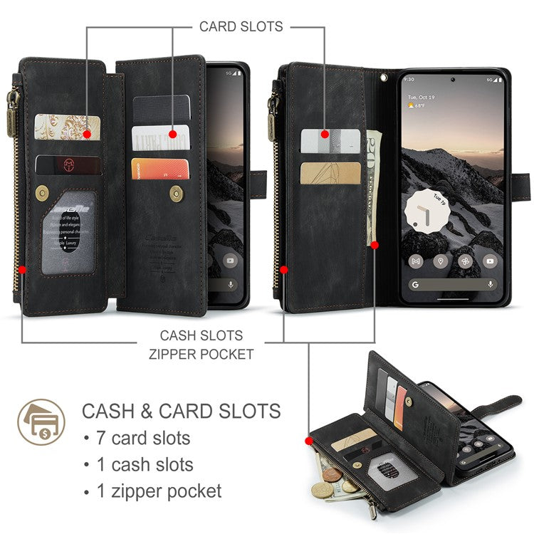 CASEME C30 Series for Google Pixel 9 Pro / Pixel 9 Case PU Leather 7 Card Slots Wallet Phone Cover - Black