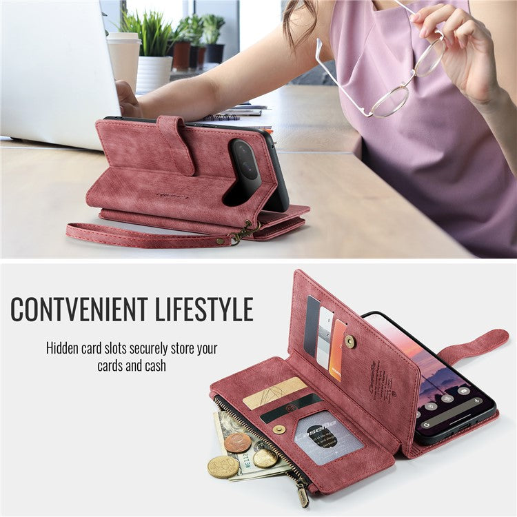 CASEME C30 Series for Google Pixel 9 Pro / Pixel 9 Case PU Leather 7 Card Slots Wallet Phone Cover - Red