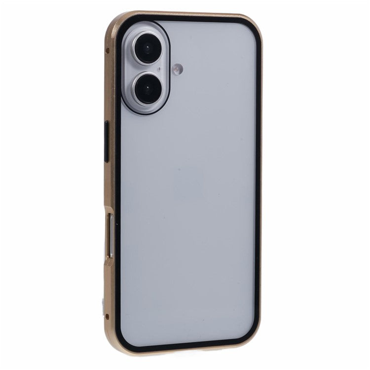 For iPhone 16 Anti-Spy Case Magnetic Metal Frame + Double-Sided Tempered Glass Phone Cover - Gold