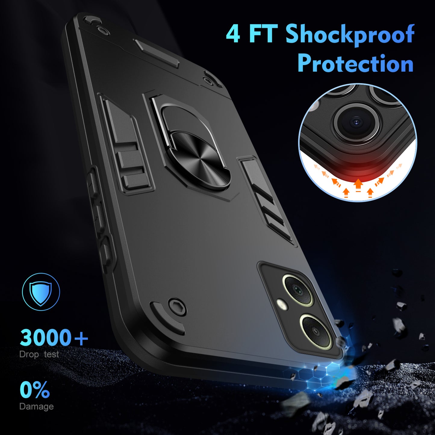 For Samsung Galaxy A06 Case PC+TPU Drop Defend Phone Cover with Ring Kickstand - Black