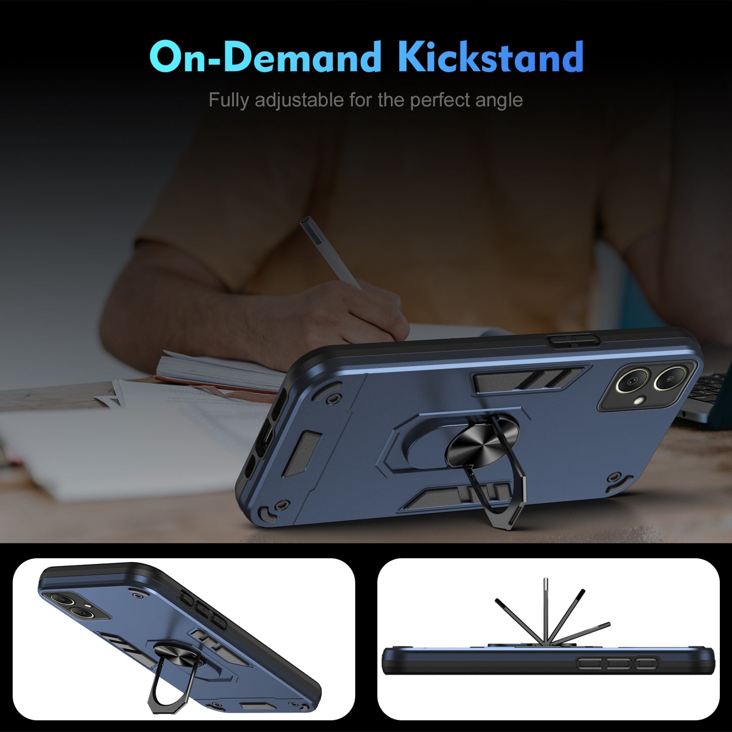For Samsung Galaxy A06 Case PC+TPU Drop Defend Phone Cover with Ring Kickstand - Blue