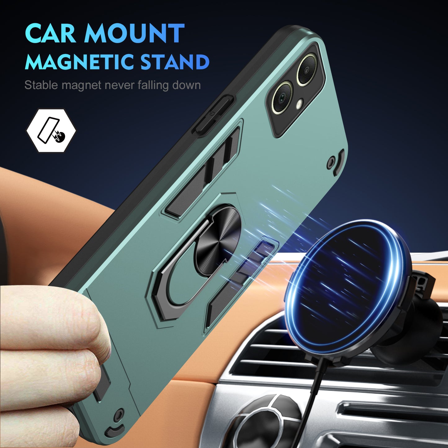 For Samsung Galaxy A06 Case PC+TPU Drop Defend Phone Cover with Ring Kickstand - Green