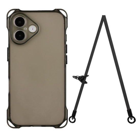 For iPhone 16 Plus TPU Case Four Corner Drop-Proof Back Cover with Long Strap - Black