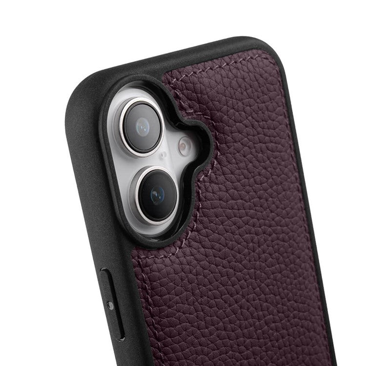 MELKCO For iPhone 16 Case Genuine Cow Leather Coated PC Phone Cover - Purple