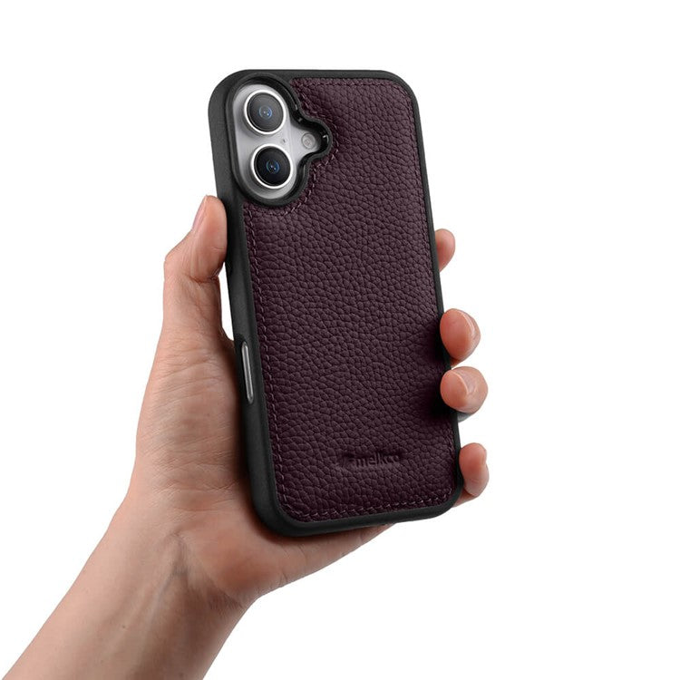 MELKCO For iPhone 16 Case Genuine Cow Leather Coated PC Phone Cover - Purple