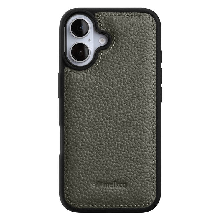MELKCO For iPhone 16 Plus Case Genuine Cow Leather Coated PC Phone Cover - Grey