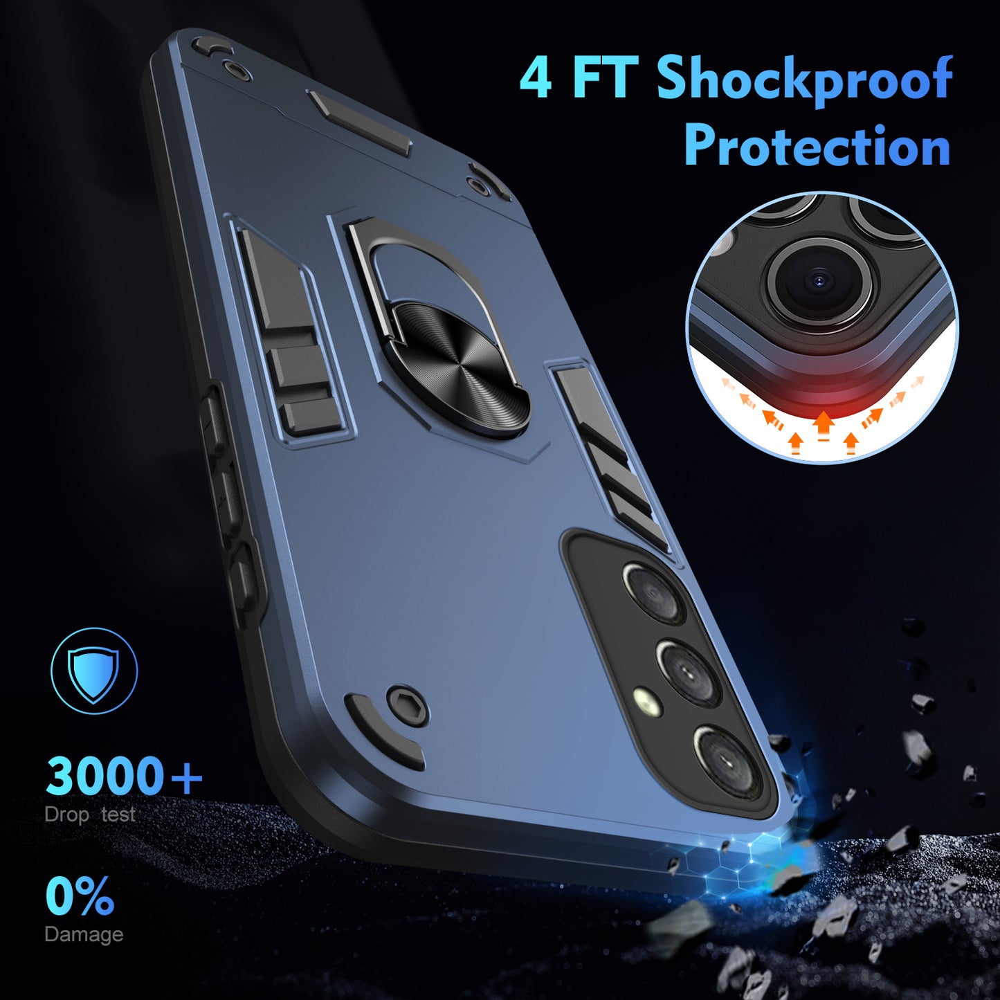 For Samsung Galaxy A16 5G / A16 4G Case PC+TPU Drop Defend Phone Cover with Ring Kickstand - Blue
