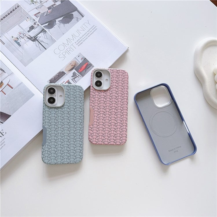 For iPhone 16 Case Compatible with MagSafe Anti-Drop PU+TPU Phone Cover Geometric Pattern - Pink