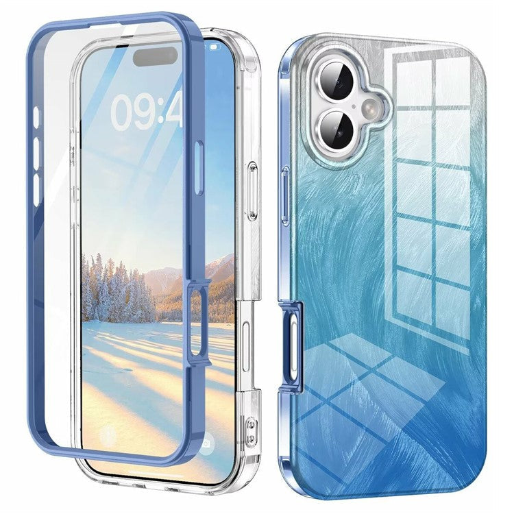 For iPhone 16 Plus Case Gradient Feather Pattern PC+TPU Phone Cover Built-In PET Screen Film - Blue