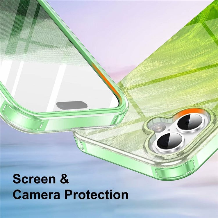 For iPhone 16 Plus Case Gradient Feather Pattern PC+TPU Phone Cover Built-In PET Screen Film - Blue