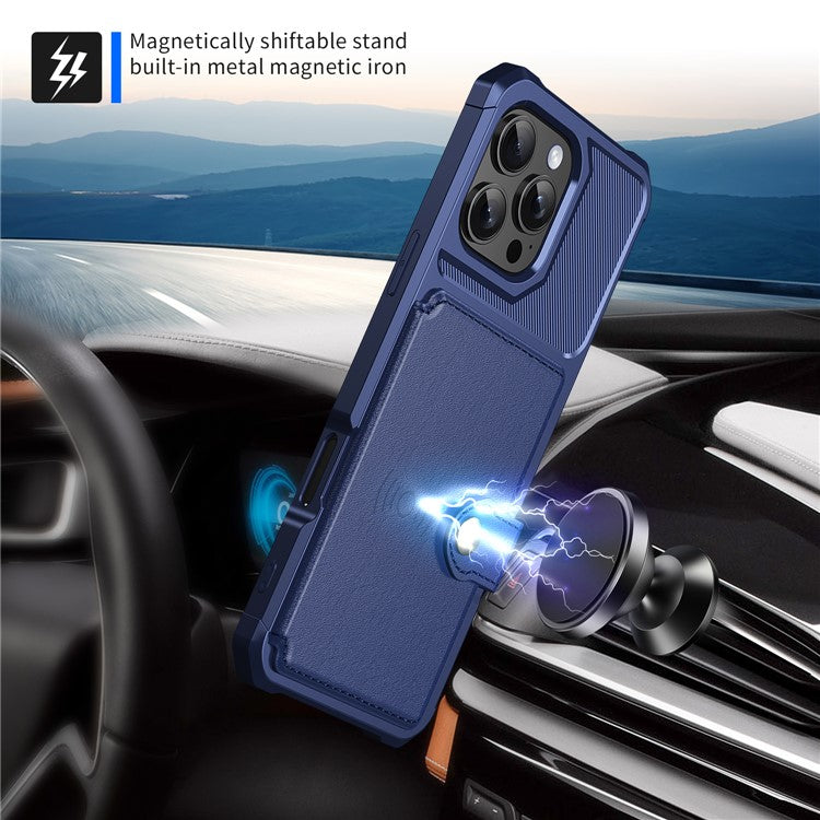 ZM03 For iPhone 16 Pro Case with Card Holder PU Leather+TPU Phone Back Cover - Blue