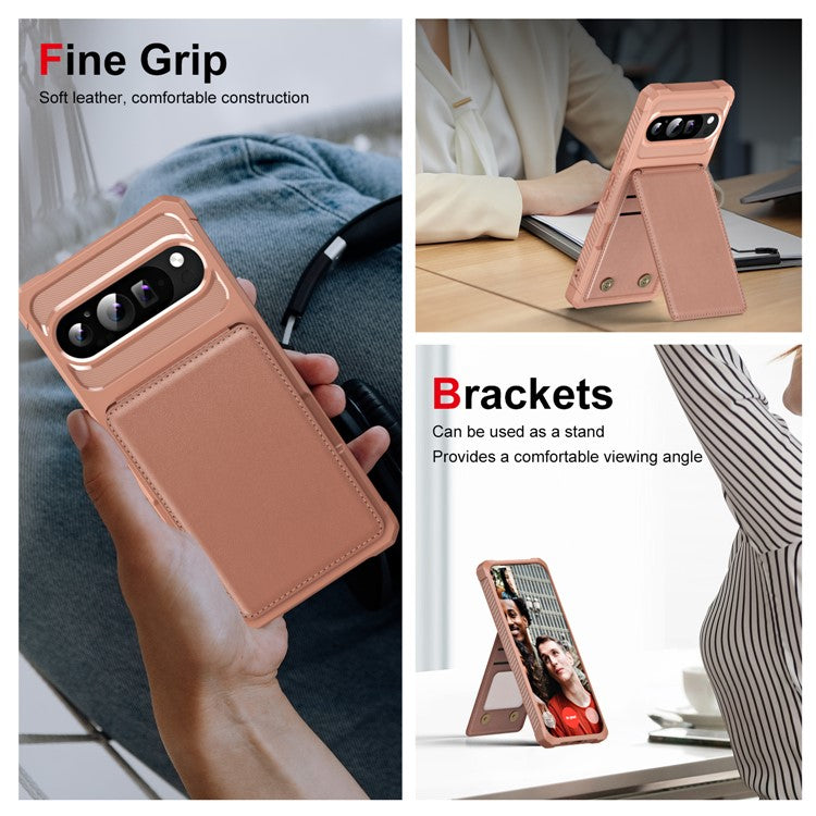ZM11 For Google Pixel 9 Pro XL Case Card Slot Kickstand PU+TPU Phone Cover - Rose Gold