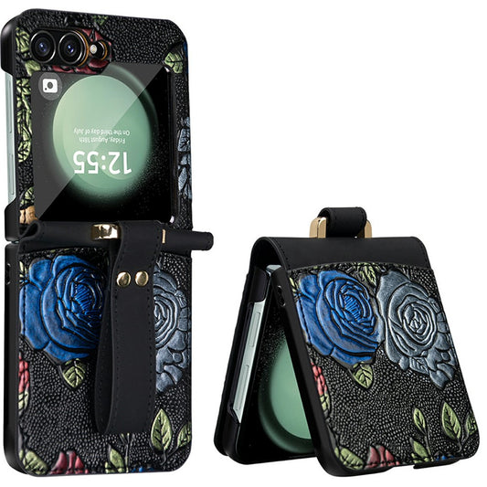 For Samsung Galaxy Z Flip7 FE 5G / Z Flip6 5G Kickstand Case Flower Pattern Leather+PC Phone Cover with Back Film - Black