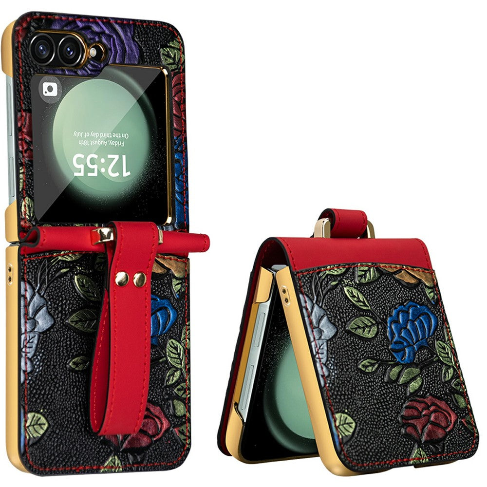 For Samsung Galaxy Z Flip7 FE 5G / Z Flip6 5G Kickstand Case Flower Pattern Leather+PC Phone Cover with Back Film - Red