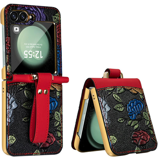 For Samsung Galaxy Z Flip7 FE 5G / Z Flip6 5G Kickstand Case Flower Pattern Leather+PC Phone Cover with Back Film - Red