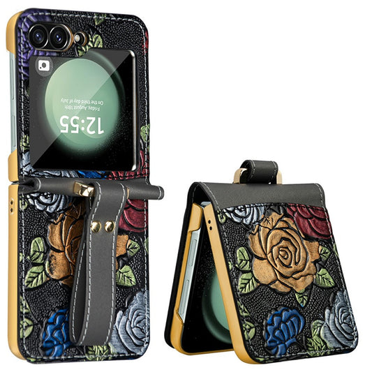 For Samsung Galaxy Z Flip7 FE 5G / Z Flip6 5G Kickstand Case Flower Pattern Leather+PC Phone Cover with Back Film - Grey