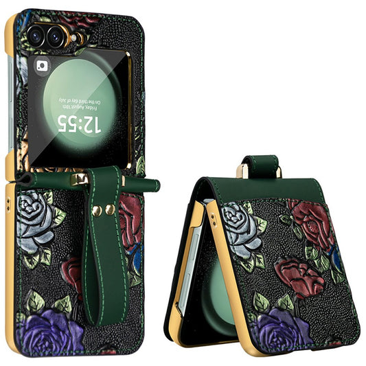 For Samsung Galaxy Z Flip7 FE 5G / Z Flip6 5G Kickstand Case Flower Pattern Leather+PC Phone Cover with Back Film - Green