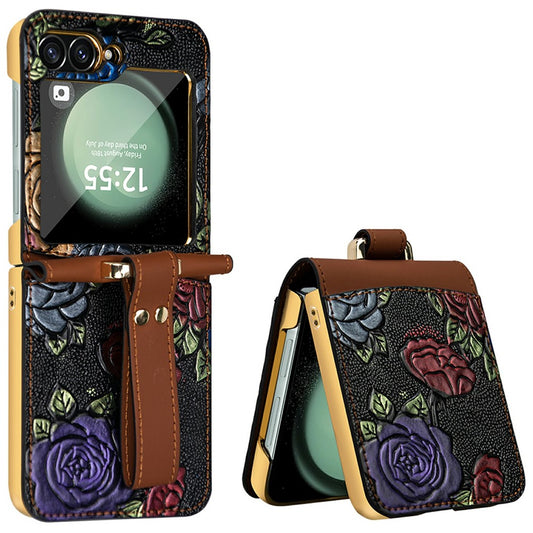 For Samsung Galaxy Z Flip7 FE 5G / Z Flip6 5G Kickstand Case Flower Pattern Leather+PC Phone Cover with Back Film - Brown