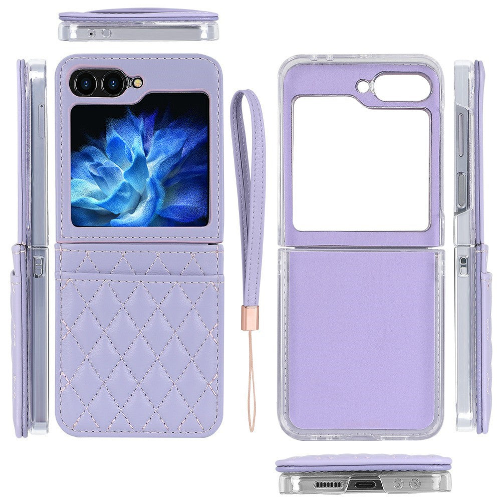 For Samsung Galaxy Z Flip7 FE 5G / Z Flip6 5G Case with Strap Card Slot PU+PC Phone Back Cover - Purple