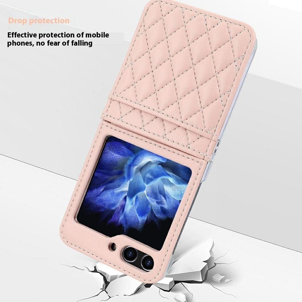 For Samsung Galaxy Z Flip7 FE 5G / Z Flip6 5G Case with Strap Card Slot PU+PC Phone Back Cover - Pink