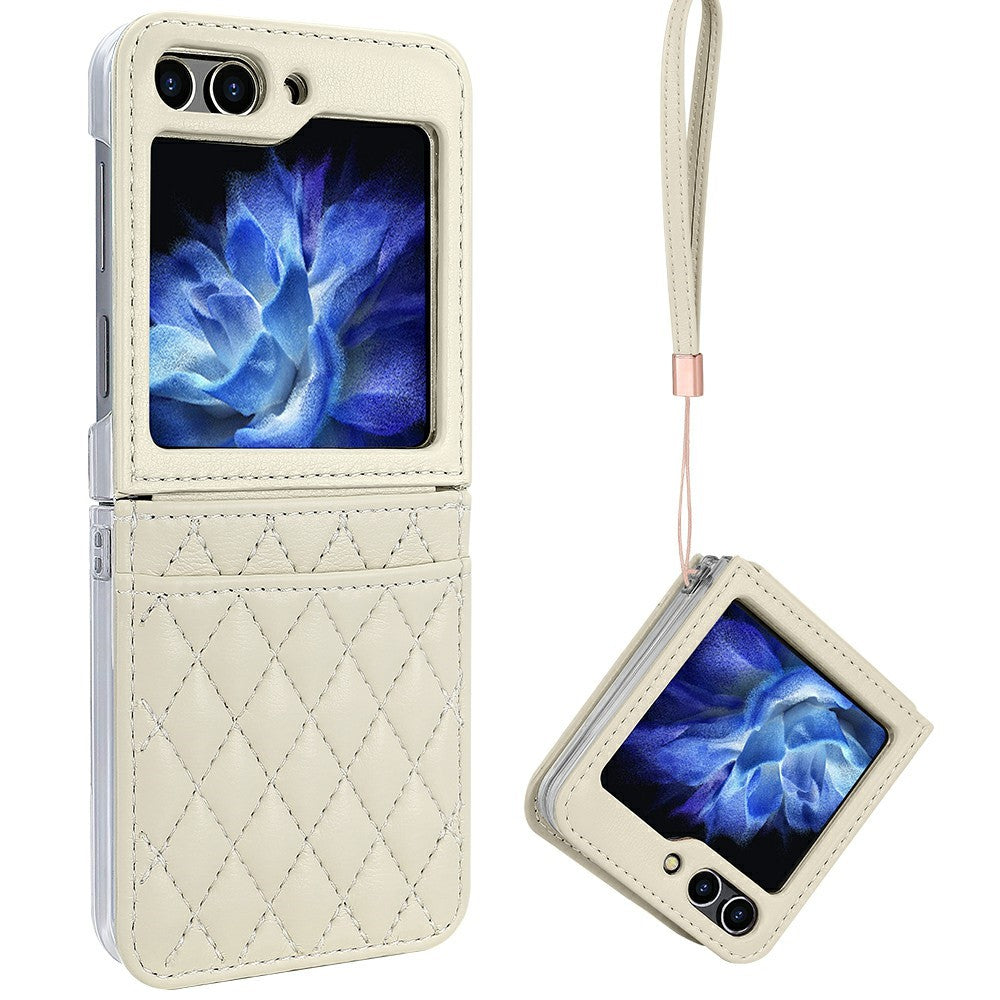 For Samsung Galaxy Z Flip7 FE 5G / Z Flip6 5G Case with Strap Card Slot PU+PC Phone Back Cover - Beige