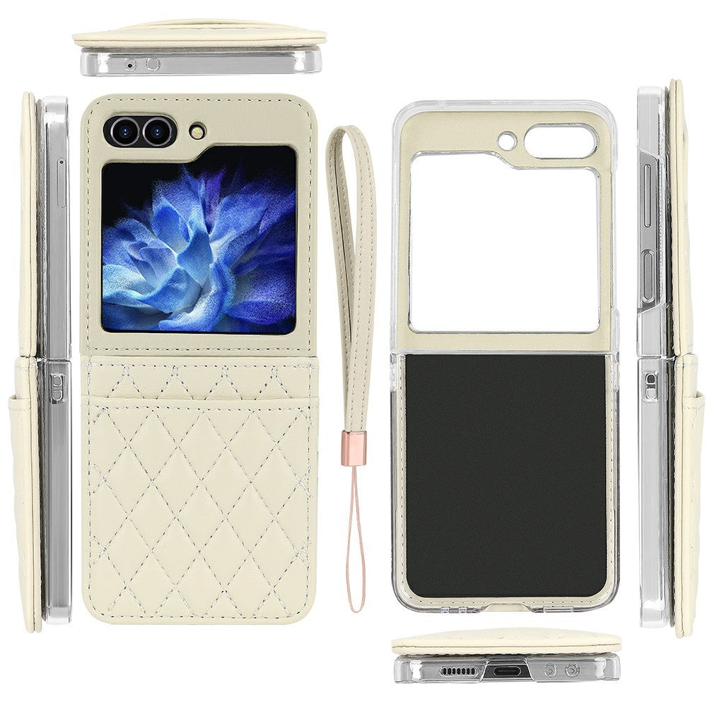 For Samsung Galaxy Z Flip7 FE 5G / Z Flip6 5G Case with Strap Card Slot PU+PC Phone Back Cover - Beige
