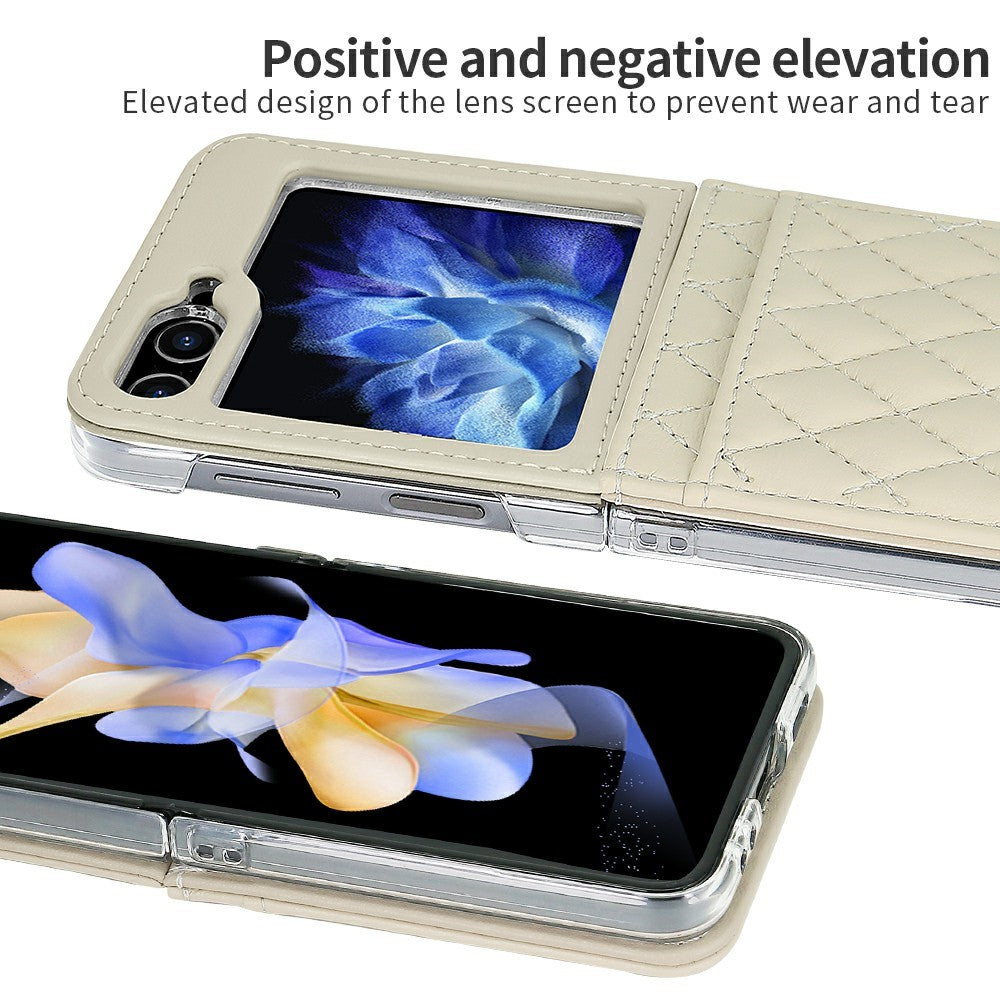 For Samsung Galaxy Z Flip7 FE 5G / Z Flip6 5G Case with Strap Card Slot PU+PC Phone Back Cover - Beige