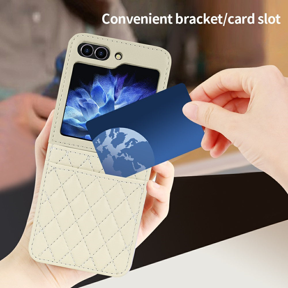 For Samsung Galaxy Z Flip7 FE 5G / Z Flip6 5G Case with Strap Card Slot PU+PC Phone Back Cover - Beige