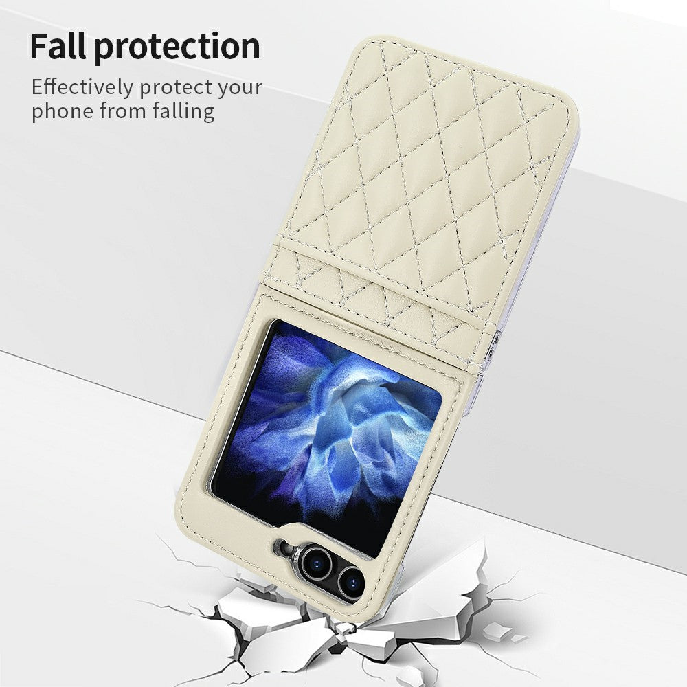 For Samsung Galaxy Z Flip7 FE 5G / Z Flip6 5G Case with Strap Card Slot PU+PC Phone Back Cover - Beige