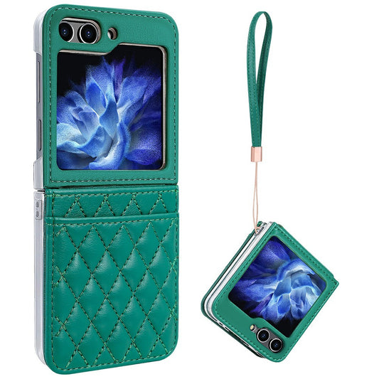For Samsung Galaxy Z Flip7 FE 5G / Z Flip6 5G Case with Strap Card Slot PU+PC Phone Back Cover - Green