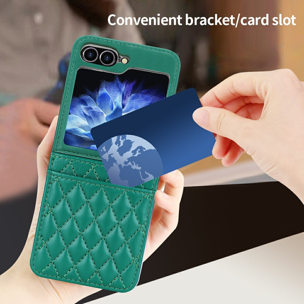 For Samsung Galaxy Z Flip7 FE 5G / Z Flip6 5G Case with Strap Card Slot PU+PC Phone Back Cover - Green