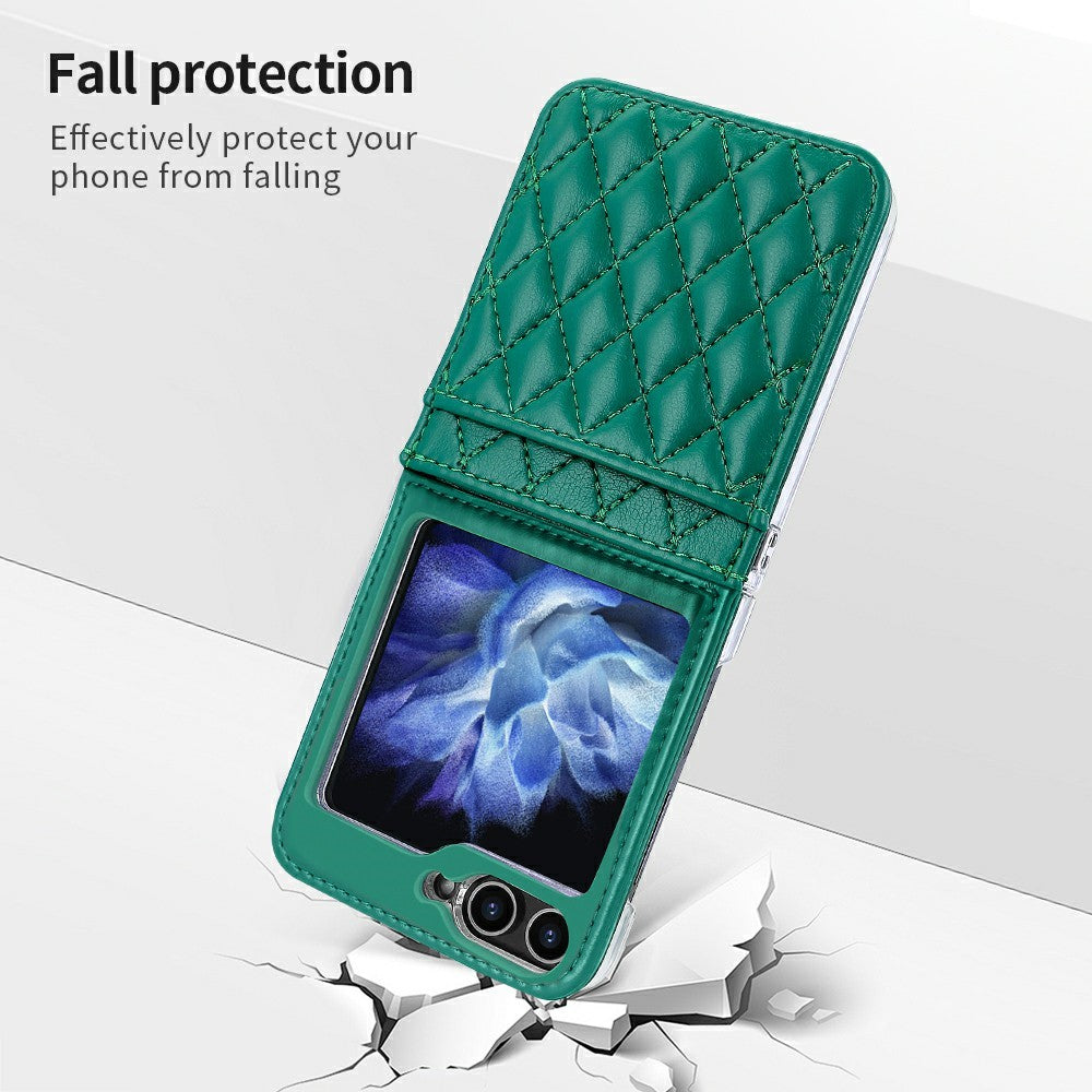 For Samsung Galaxy Z Flip7 FE 5G / Z Flip6 5G Case with Strap Card Slot PU+PC Phone Back Cover - Green