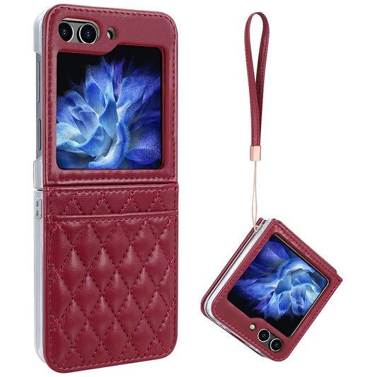 For Samsung Galaxy Z Flip7 FE 5G / Z Flip6 5G Case with Strap Card Slot PU+PC Phone Back Cover - Red