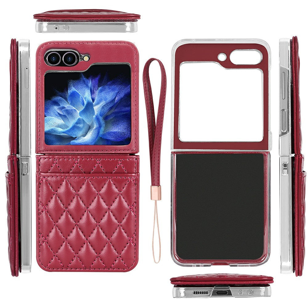 For Samsung Galaxy Z Flip7 FE 5G / Z Flip6 5G Case with Strap Card Slot PU+PC Phone Back Cover - Red