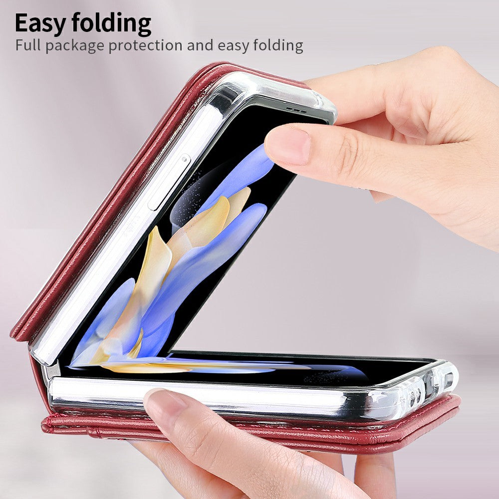 For Samsung Galaxy Z Flip7 FE 5G / Z Flip6 5G Case with Strap Card Slot PU+PC Phone Back Cover - Red