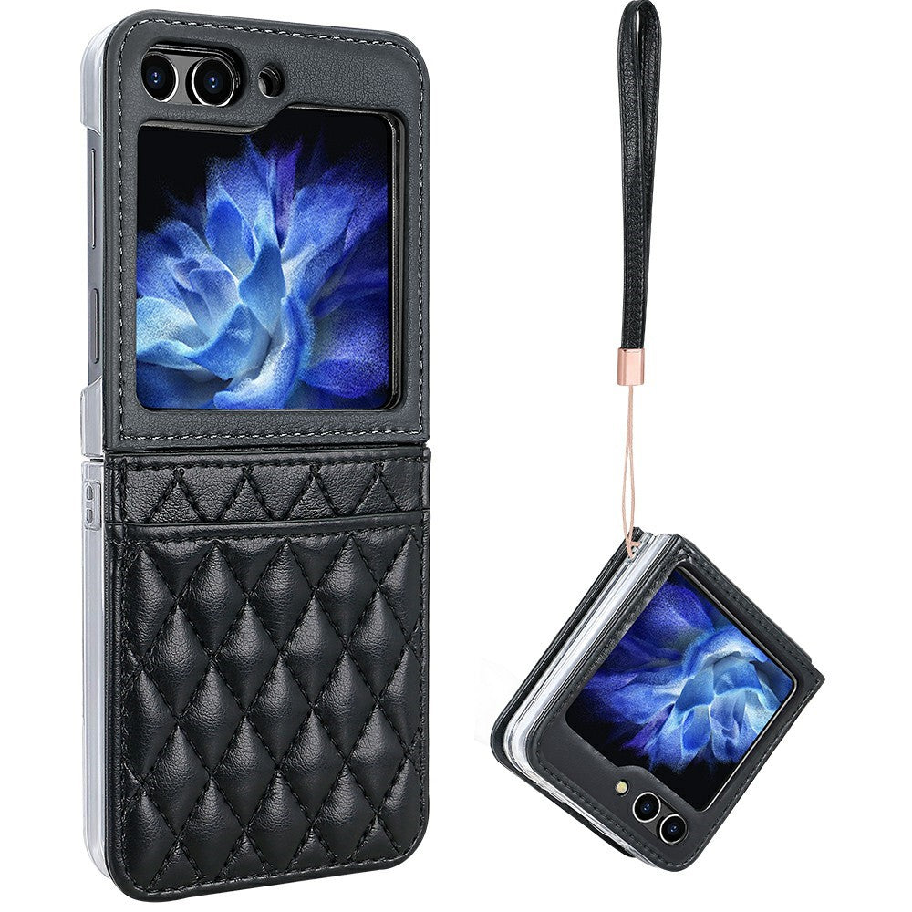 For Samsung Galaxy Z Flip7 FE 5G / Z Flip6 5G Case with Strap Card Slot PU+PC Phone Back Cover - Black