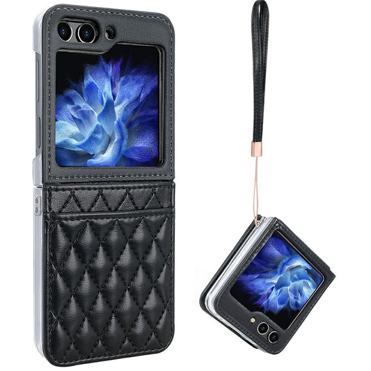 For Samsung Galaxy Z Flip7 FE 5G / Z Flip6 5G Case with Strap Card Slot PU+PC Phone Back Cover - Black