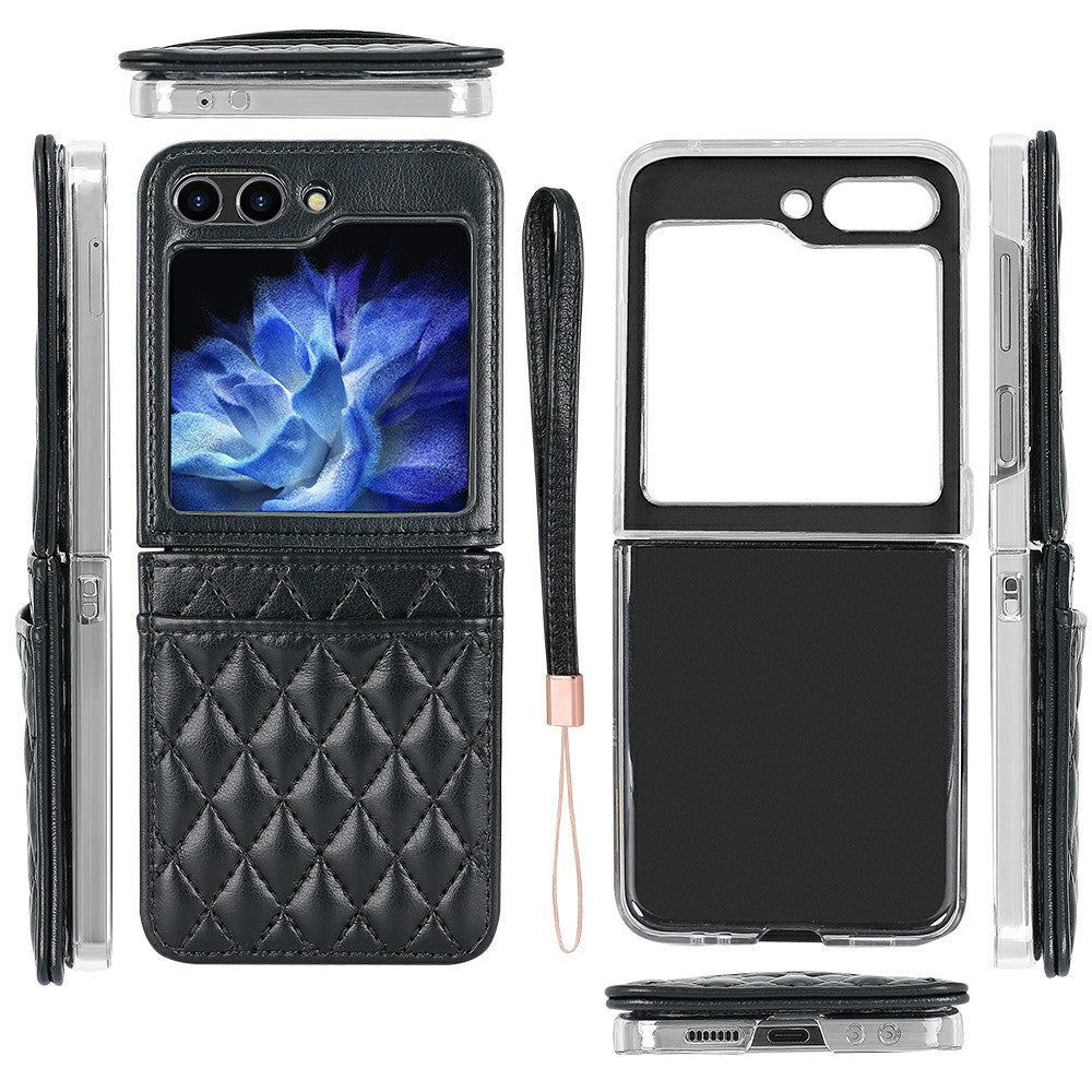 For Samsung Galaxy Z Flip7 FE 5G / Z Flip6 5G Case with Strap Card Slot PU+PC Phone Back Cover - Black