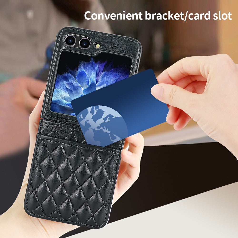 For Samsung Galaxy Z Flip7 FE 5G / Z Flip6 5G Case with Strap Card Slot PU+PC Phone Back Cover - Black