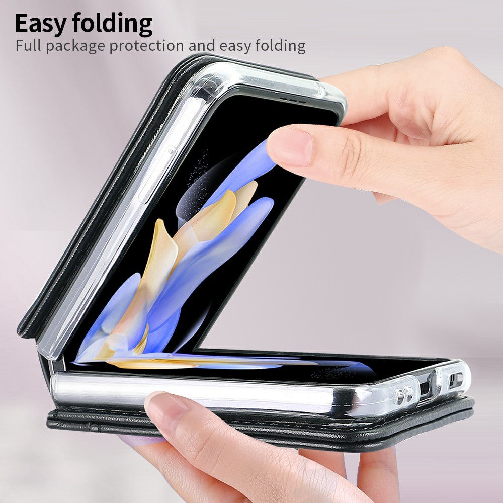 For Samsung Galaxy Z Flip7 FE 5G / Z Flip6 5G Case with Strap Card Slot PU+PC Phone Back Cover - Black