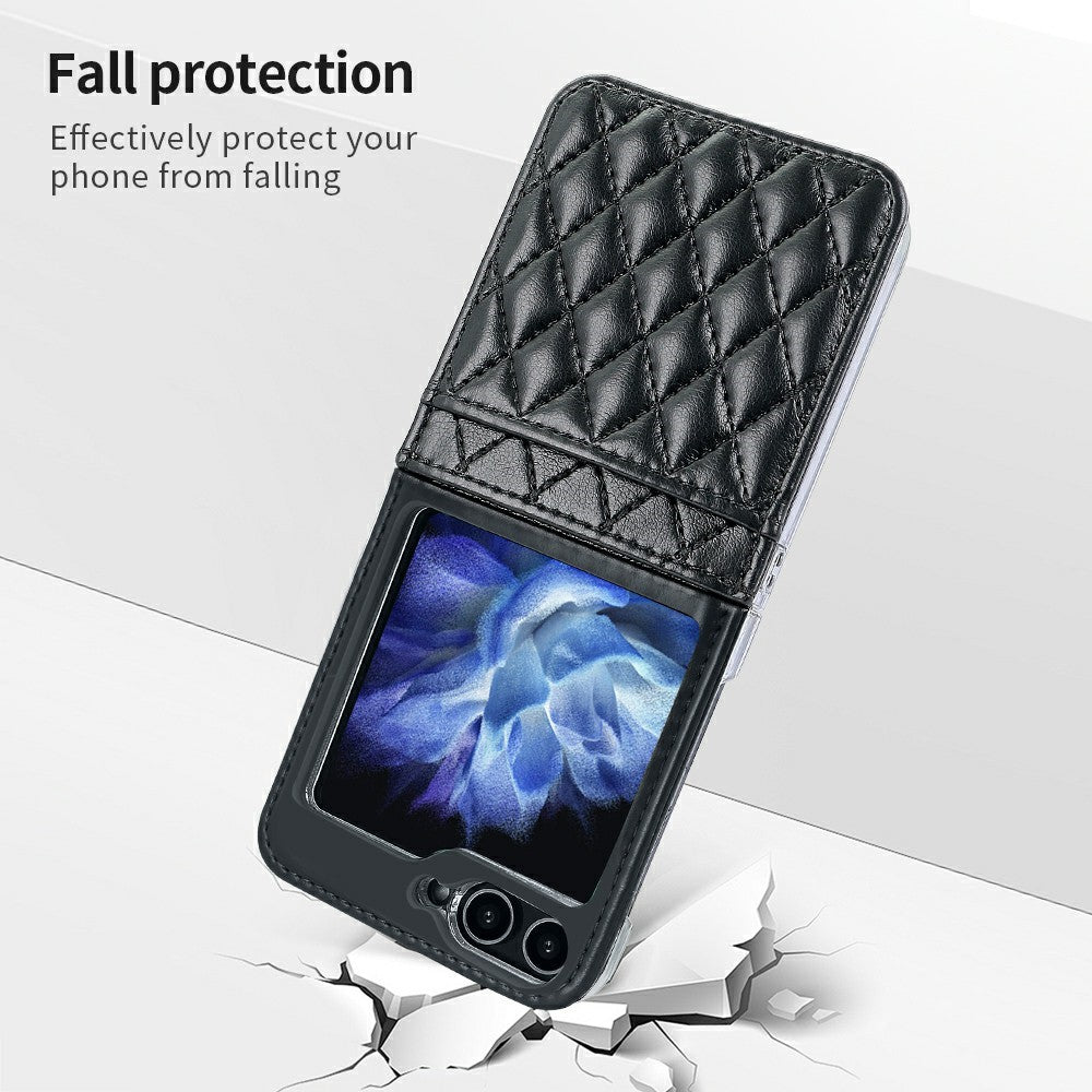 For Samsung Galaxy Z Flip7 FE 5G / Z Flip6 5G Case with Strap Card Slot PU+PC Phone Back Cover - Black