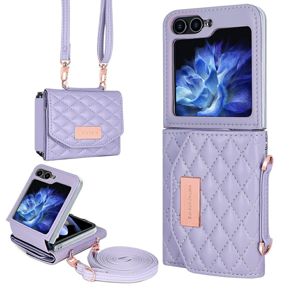 For Samsung Galaxy Z Flip7 FE 5G / Z Flip6 5G Case with Shoulder Strap PU+PC Wallet Phone Cover Built-In Back Screen Film - Purple