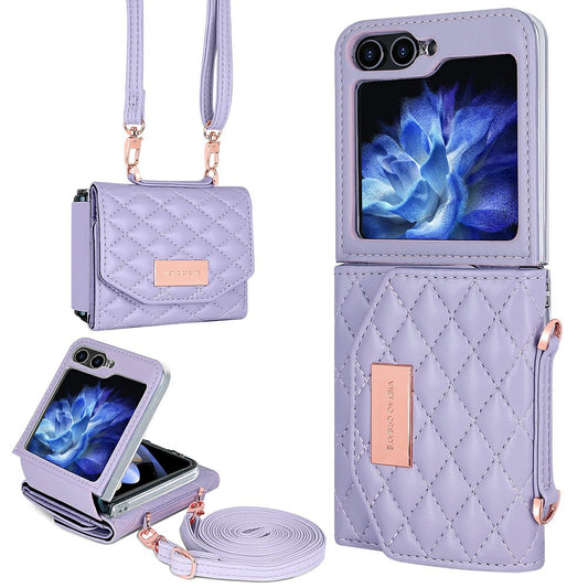 For Samsung Galaxy Z Flip7 FE 5G / Z Flip6 5G Case with Shoulder Strap PU+PC Wallet Phone Cover Built-In Back Screen Film - Purple