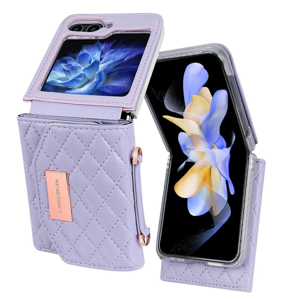 For Samsung Galaxy Z Flip7 FE 5G / Z Flip6 5G Case with Shoulder Strap PU+PC Wallet Phone Cover Built-In Back Screen Film - Purple